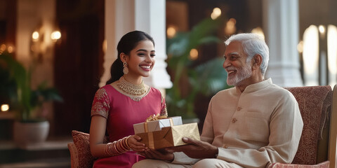 Canvas Print - young indian daughter giving gift box to father