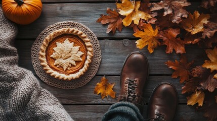 Wall Mural - Cozy Autumn Scene with Pumpkin Pie and Warm Attire