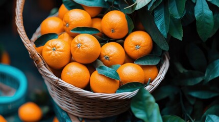 A close-up of ripe, juicy oranges (Citrus sinensis) in a market basket, perfect for a refreshing snack