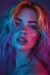 © weerayut - Trendy woman, colorful hair, purple studio background, captivating gaze, vibrant lighting setup