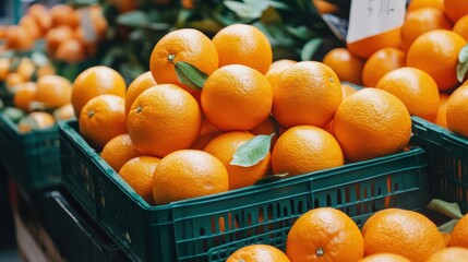 A close-up of ripe, juicy oranges (Citrus sinensis) in a market basket, perfect for a refreshing snack