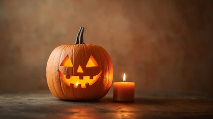 Lit Jack-o'-lantern with a Burning Candle on a Table