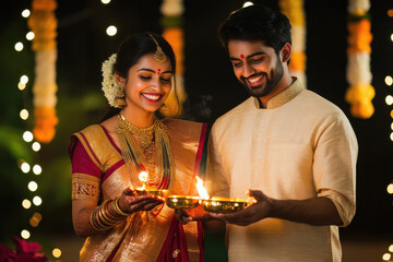 Wall Mural - young indian couple holding oil lamp together at home