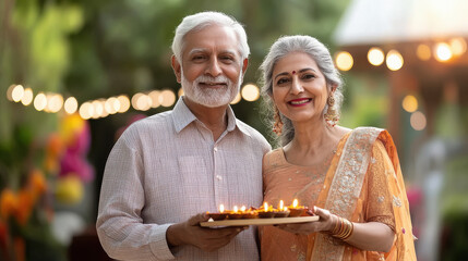 Canvas Print - senior indian couple holding oil lamp plate together