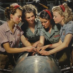 Illustration of women in World War II working in a factory assembling aircraft, wearing period factory uniforms, highlighting their vital role in the war effort and shifting workforce dynamics.

