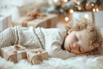 Wall Mural - Peace surrounds resting youngster curly hair and angelic features. Tiny breaths and closed eyes show peaceful slumber of little one. Essence of childhood innocence captured peaceful slumber.