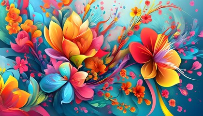 Vibrant abstract floral design showcasing a lively mix of colorful flowers and creative shapes in an artistic illustration