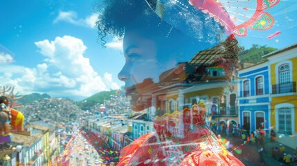 A double exposure of a young frevo dancer in traditional attire, holding a small umbrella, overlaid by the vibrant streets of Olinda during Carnival, with colonial houses, giant puppets, and dancers.
