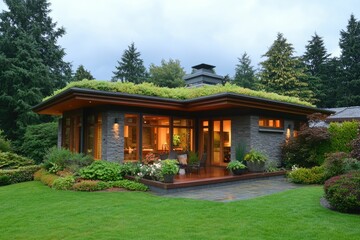 Wall Mural - Modern house with a green roof surrounded by lush landscaping.