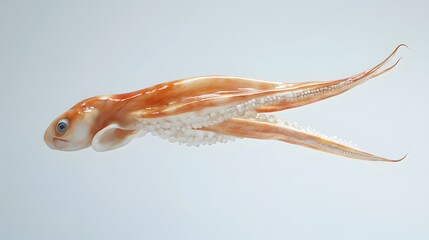 14. **A 3D render of a whole squid falling, its elongated body and tentacles set against a pristine white backdrop