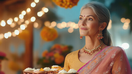 Wall Mural - senior indian woman holding pooja thali