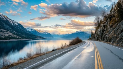 Imagine a road leading to a tranquil lakeside retreat, with the calm waters reflecting the surrounding mountains and sky