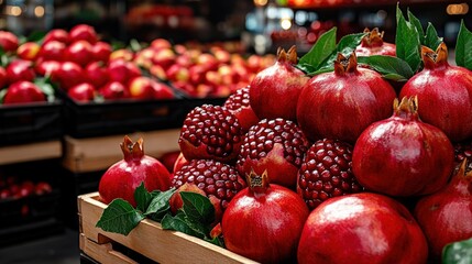 Wall Mural - A display of fresh, market-ready pomegranates (Punica granatum), bursting with vibrant color