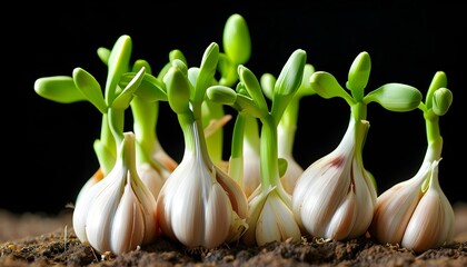 Wall Mural - Garlic Bulbs Sprouting Green Shoots, Representing the Concept of Maturation Theory