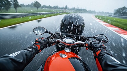 Superbike rider expertly navigates wet race track with speed and precision during intense rainstorm