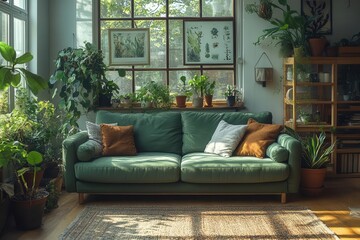 Poster - scandinavianinspired living room bathed in soft natural light lush indoor plants minimalist green sofa organic textures serene atmosphere