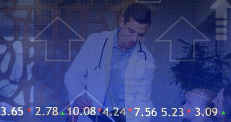 Canvas Print - Animation of financial data processing over diverse male doctor and patients