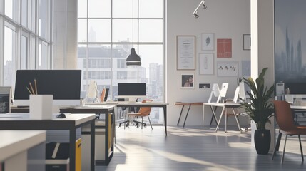 Wall Mural - Modern Office Interior with Cityscape View