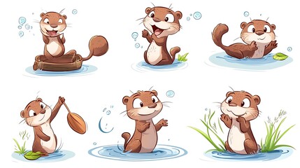 Wall Mural - A fun set of cartoon otters in playful swimming and resting poses, perfect for river and wildlife-themed illustrations. 