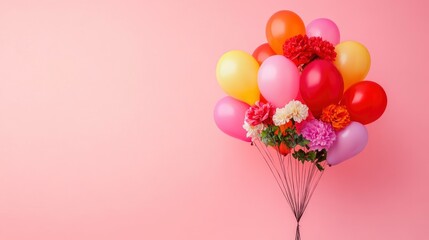 Sticker - Colorful Balloons and Flowers on Pink Background