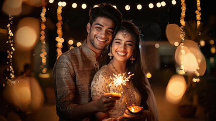 Wall Mural - young indian couple holding sparkling cracker in hand