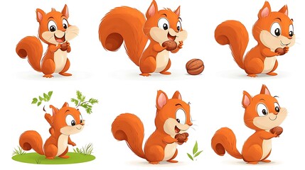 Wall Mural - A playful set of cartoon squirrels in cute nut-gathering and jumping poses, ideal for woodland and autumn-themed designs. 