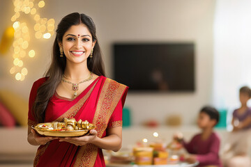 Wall Mural - young indian woman holding pooja thali at home