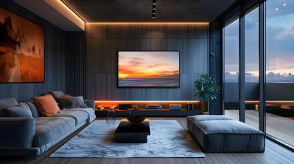 Wall Mural - Modern living room interior with sofa and large tv screen on the wall, led strips making ambient light