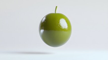 54. **A 3D render of a ripe olive falling, its dark green skin and glossy texture set against a pristine white background