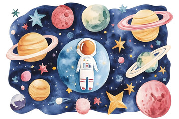 Sticker - Watercolor drawing set with cartoon space rocket, isolated on white background