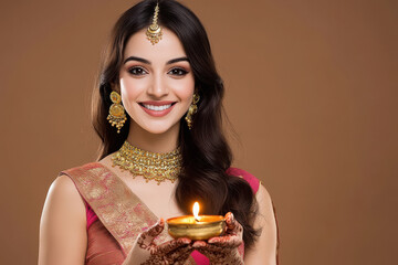 Wall Mural - young indian woman holding oil lamp on brown background