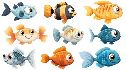 a vibrant array of cartoon fish in various swimming poses, great for aquatic and underwater-themed p