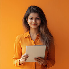 Sticker - young indian woman holding tablet on orange background