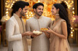 © PRASANNAPIX - young indian people holding sweet plate together on diwali festival