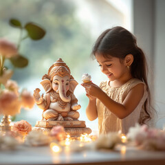 indian girl with lord ganesha statue at home