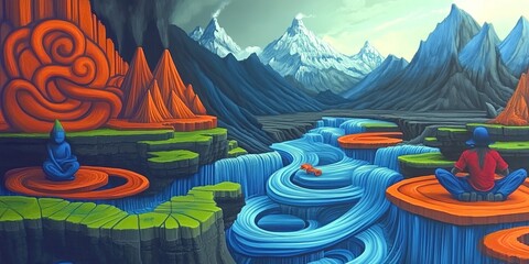 A surreal, psychedelic landscape of melting mountains, floating islands, and swirling rivers in vibrant colors, representing the journey of life