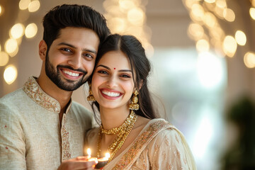 Sticker - young indian couple holding oil lamp on diwali festival