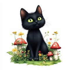 Cute Black Cat Sitting in a Meadow of Mushrooms