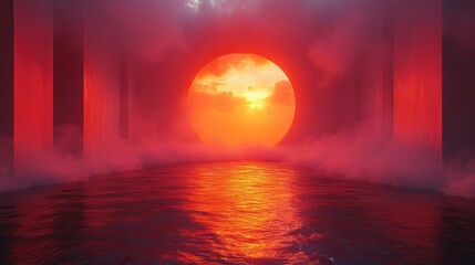 Sunset over misty water with vibrant colors