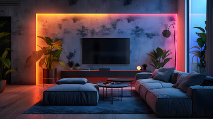 Wall Mural - Modern living room interior with sofa and large tv screen on the wall, led strips making ambient light