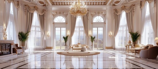 Exclusive living room with marble floor and chandelier. Luxurious palace royal interiors