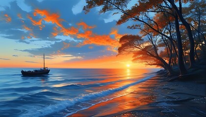 The seaside scenery under the sunset is intertwined with warm orange and blue, and the rippling boat accompanies the trees on the shore, showing the tranquility and beauty of nature.