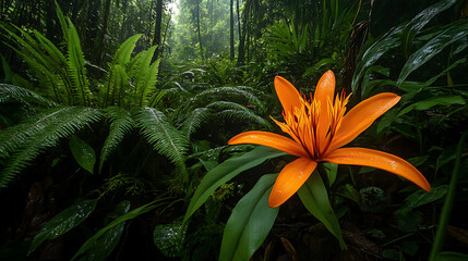 Wall Mural - A rare, vibrant flower growing among dense ferns and lush greenery on the forest floor of the Amazon 