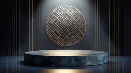 Elegant dark interior with traditional Mongolian knot pattern and stone pedestal under spotlight in modern design setting