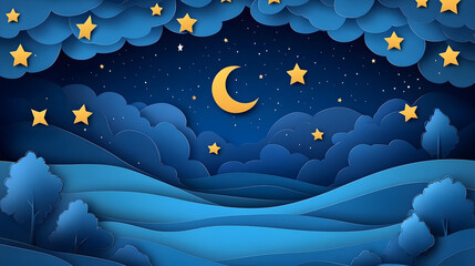 Wall Mural - Night Starry sky with moon paper cut art background