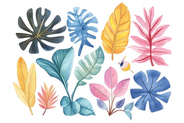 Sticker - Set of tropical colorful hand drawn watercolor leaves isolated on white background