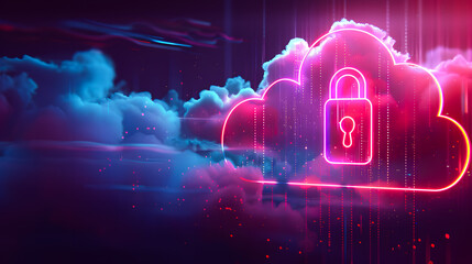 Neon cloud with locked padlock concept of data protection security