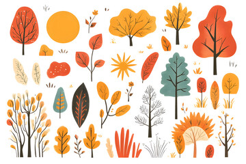 Hand drawn cartoon autumnal collection of yellow plants and leaves isolated on white background