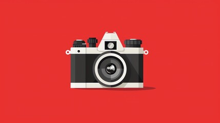 Wall Mural - A cartoon illustration of a retro camera against a red background.