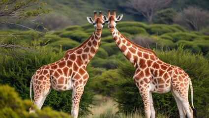 Poster - two giraffes are standing in a field with a field of trees and bushes.